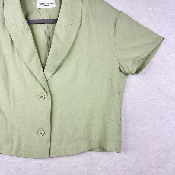 Victoria & Sophia Medium Collared Top Button Up Short Sleeve Blouse Light Green - Picture 4 of 13